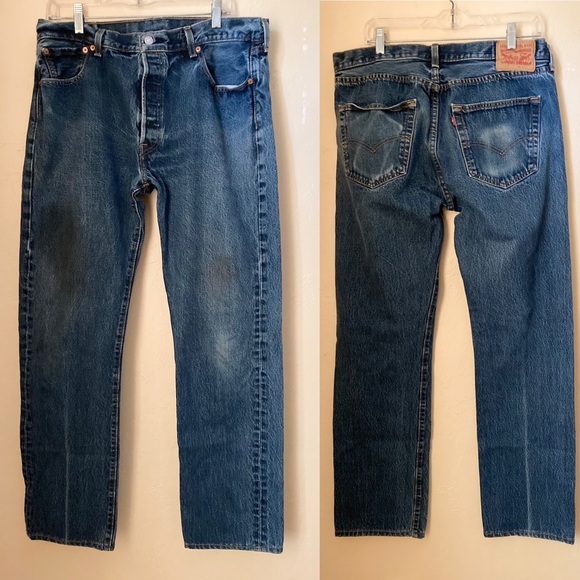 Levi's 501 Men's Jeans Size 36x32 Dark Wash Jean Blue Denim Destroyed Distressed